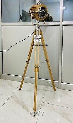 Vintage Marine Nautical Searchlight Teak Wooden Tripod Floor Lamp For Home Decor