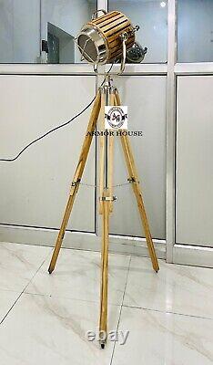 Vintage Marine Nautical Searchlight Teak Wooden Tripod Floor Lamp For Home Decor