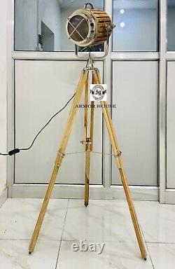 Vintage Marine Nautical Searchlight Teak Wooden Tripod Floor Lamp For Home Decor
