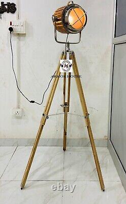 Vintage Marine Nautical Searchlight Teak Wooden Tripod Floor Lamp For Home Decor