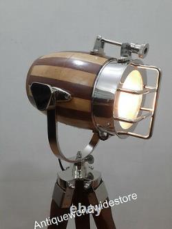 Vintage Marine Nautical Spotlight Decorative Floor Lamp Wooden Tripod