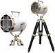 Vintage Marine Searchlight White Head & Black Wooden Tripod Antique Standing