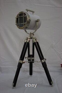 Vintage Marine Searchlight White Head & Black Wooden Tripod Antique Standing