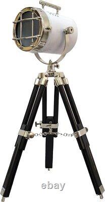 Vintage Marine Searchlight White Head & Black Wooden Tripod Antique Standing