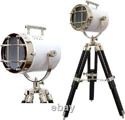 Vintage Marine Searchlight White Head & Black Wooden Tripod Antique Standing