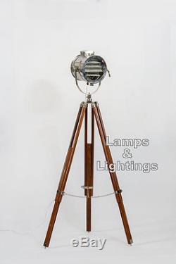 Vintage Marine Tripod Floor Lamp Search Light Studio Oak Wood Home Decor Lamp