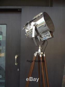 Vintage Marine Tripod Floor Lamp Search Light Studio Oak Wood Home Decor Lamp