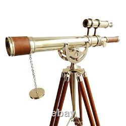 Vintage Maritime Anchor Master Telescope Shiny Brass Adjustable Wooden Tripod