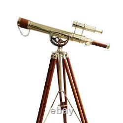 Vintage Maritime Anchor Master Telescope Shiny Brass Adjustable Wooden Tripod