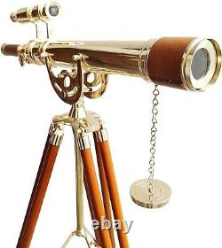 Vintage Maritime Anchor Master Telescope Shiny brass Double Barrel Brown Leather