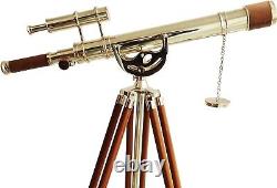 Vintage Maritime Anchor Master Telescope Shiny brass Double Barrel Brown Leather