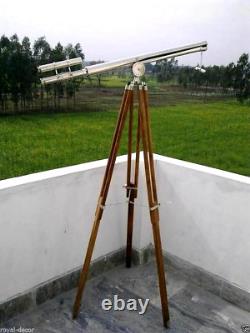 Vintage Maritime Brass Telescope Nickel Finish With Wooden Tripod Height 65