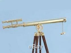 Vintage Maritime Shiny Brass Telescope Double Barrel Handmade With Wooden Tripod