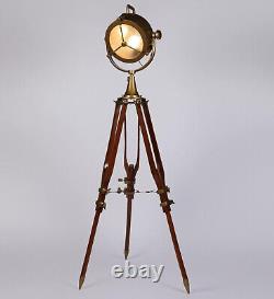 Vintage Metal and Wooden Tripod Spotlight Floor Lamp for Living Room