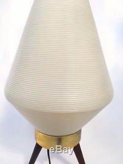 Vintage Mid Century Danish Modern 50's Wooden Tripod Ribbed Plastic Beehive Lamp
