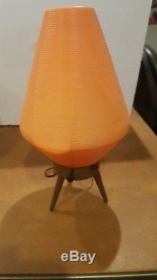 Vintage Mid Century Modern Atomic Beehive Lamp Orange Wooden Tripod Legs