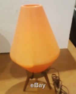 Vintage Mid Century Modern Atomic Beehive Lamp Orange Wooden Tripod Legs