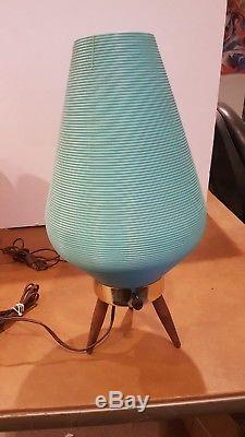 Vintage Mid Century Modern Atomic Beehive Lamp Turquoise Teal Wooden Tripod Legs