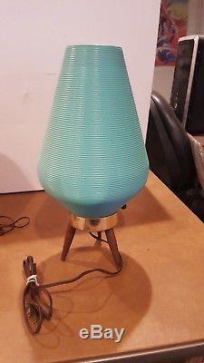 Vintage Mid Century Modern Atomic Beehive Lamp Turquoise Teal Wooden Tripod Legs