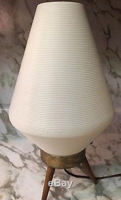 Vintage Mid Century Modern Atomic Beehive Lamp White/Cream Wooden Tripod Legs