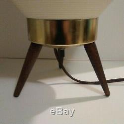 Vintage Mid Century Modern Atomic Beehive or Rocket Lamp White, Wood Tripod Legs