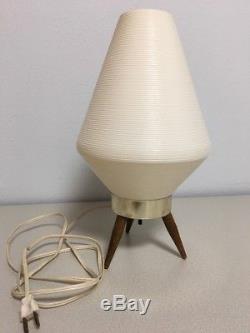 Vintage Mid Century Modern Atomic Ivory Plastic Beehive Lamp Wooden Tripod Legs