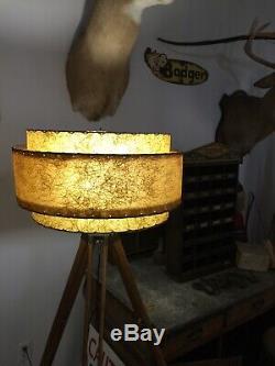 Vintage Mid Century Modern Lamp Shade Wood & Brass Tripod Floor Lamp Industrial