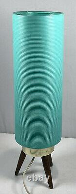 Vintage Mid Century Plastic Shade Table Lamp Tripod Turquoise Cylinder 15 1960s