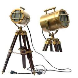 Vintage Model Searchlight Wood Antique Tripod Style Lamps LED Brown-Brass