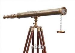 Vintage Nautical Antique Brass Telescope W Wooden Tripod Stand For Watching Bird