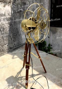 Vintage Nautical Brass Antique Electric Pedestal Fan With Wooden Tripod Stand