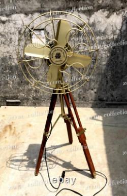Vintage Nautical Brass Antique Electric Pedestal Fan With Wooden Tripod Stand