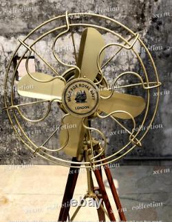 Vintage Nautical Brass Antique Electric Pedestal Fan With Wooden Tripod Stand