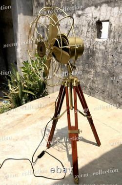 Vintage Nautical Brass Antique Electric Pedestal Fan With Wooden Tripod Stand
