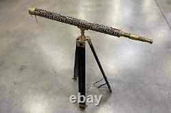 Vintage Nautical Brass Standing Floor Telescope Inlaid Wood with nice tripod