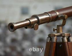 Vintage Nautical Brass Telescope with Wooden Tripod Stand décor Antique Leather