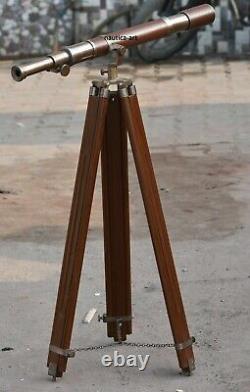 Vintage Nautical Brass Telescope with Wooden Tripod Stand décor Antique Leather
