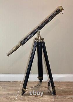Vintage Nautical Brass Withwood Inlaid Floor Standing Telescope With tripod