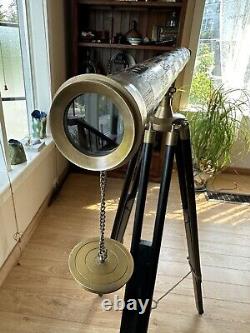 Vintage Nautical Brass Withwood Inlaid Floor Standing Telescope With tripod