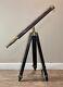 Vintage Nautical Brass Withwood Inlaid Floor Standing Telescope With Tripod
