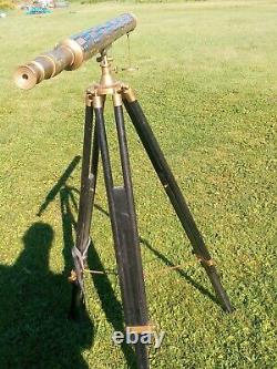 Vintage Nautical Brass Withwood Inlaid Floor Standing Telescope With tripod