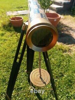 Vintage Nautical Brass Withwood Inlaid Floor Standing Telescope With tripod