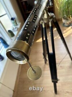 Vintage Nautical Brass Withwood Inlaid Floor Standing Telescope With tripod