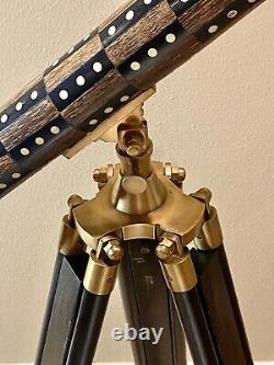 Vintage Nautical Brass Withwood Inlaid Floor Standing Telescope With tripod