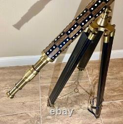 Vintage Nautical Brass Withwood Inlaid Floor Standing Telescope With tripod