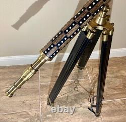 Vintage Nautical Brass Withwood Inlaid Floor Standing Telescope With tripod