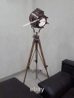 Vintage Nautical Copper Spot Light Floor Lamp with Wooden Tripod Home Decor