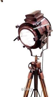 Vintage Nautical Copper Spot Light Floor Lamp with Wooden Tripod Home Decor