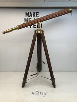 Vintage Nautical Decorative Wood & Brass Telescope with Wooden Tripod