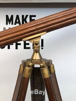Vintage Nautical Decorative Wood & Brass Telescope with Wooden Tripod